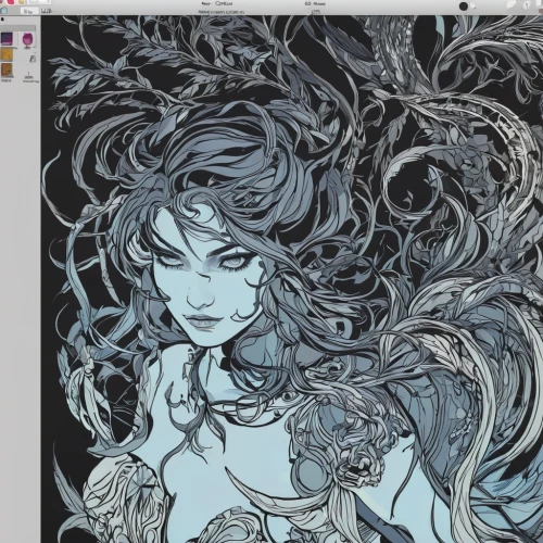 tendrils,lineart,dryad,gold foil mermaid,noodling,coloring,progresses,refining,scribble,seaweed,the enchantress,unfinished,scribbles,process,filigree,harpy,line art,kelp,the sea maid,mermaid background,Illustration,Black and White,Black and White 12