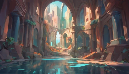 ancient city,fantasy landscape,underwater oasis,ruins,ruin,alleyway,canals,waterscape,narrows,lost place,fantasy city,backwater,water scape,3d fantasy,passage,futuristic landscape,threshold,lostplace,lagoon,canyon,Conceptual Art,Fantasy,Fantasy 01