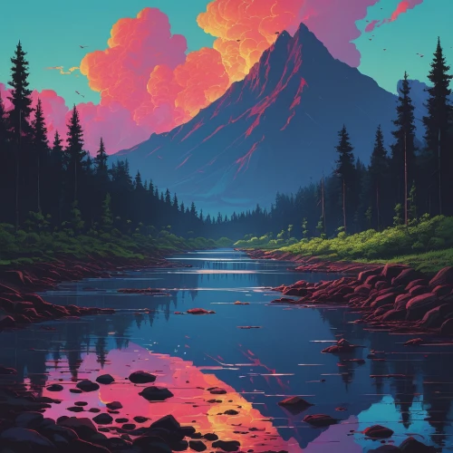 mountain sunrise,mountains,landscape background,mountain landscape,mountain,mountain lake,nature landscape,mountain range,colorful background,evening lake,mountain world,mountainlake,dusk background,acid lake,purple landscape,high mountains,mountain scene,river landscape,dusk,alaska,Conceptual Art,Fantasy,Fantasy 32