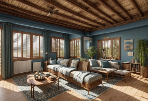 wooden windows,wooden shutters,plantation shutters,window treatment,hardwood floors,patterned wood decoration,sitting room,wooden beams,3d rendering,blue room,interior design,french windows,great room,window with shutters,living room,livingroom,home interior,window blinds,family room,modern room,Interior Design,Living room,Mediterranean,Valencian Cottage