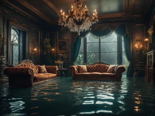 flooded,flood,submerged,flooding,floods,luxury decay,flooded pathway,waterbed,luxury property,underwater playground,mansion,underground lake,abandoned room,ornate room,water castle,great room,floor fountain,pool of water,house insurance,luxury real estate,Photography,General,Fantasy