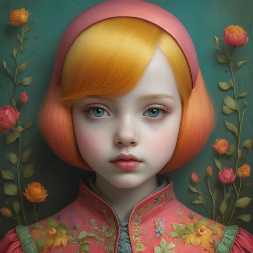 eglantine,fantasy portrait,child portrait,mystical portrait of a girl,painter doll,clementine,artist doll,portrait of a girl,doll's head,girl portrait,girl in flowers,madeleine,fairy tale character,child girl,female doll,young girl,poppy,angelica,flora,the little girl,Illustration,Abstract Fantasy,Abstract Fantasy 06