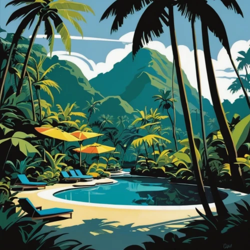 travel poster,tropics,tahiti,kauai,dominica,tropical island,jamaica,samoa,south pacific,tropical house,polynesia,tropical jungle,tropical beach,oahu,hawaii,martinique,tropic,seychelles,palmtrees,tropical greens,Illustration,American Style,American Style 09