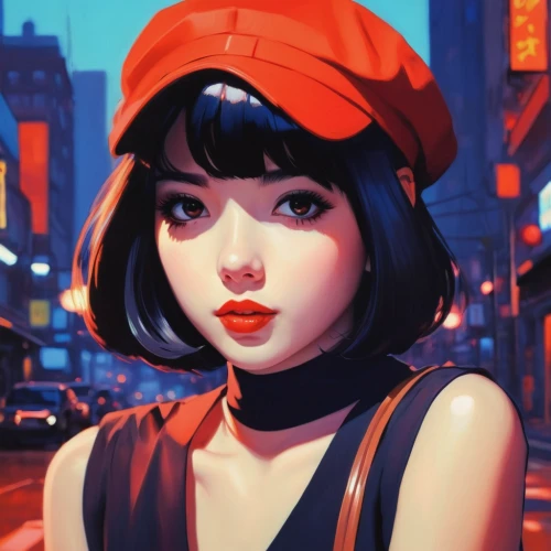 retro girl,beret,retro woman,digital painting,world digital painting,city ​​portrait,hong,retro styled,vector girl,game illustration,colorful city,phone icon,tokyo city,red hat,retro women,hat retro,shanghai,girl wearing hat,red cap,game art,Conceptual Art,Fantasy,Fantasy 19