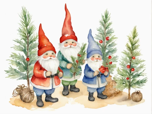 gnomes,elves,scandia gnomes,santa clauses,hanging elves,watercolor christmas background,saint nicholas' day,fir tree decorations,fir trees,christmas gnome,christmas trees,carol singers,nordmann fir,christmas bells,santons,gnomes at table,watercolor christmas pattern,three wise men,the three wise men,yule,Illustration,Paper based,Paper Based 22