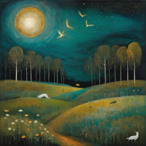 carol colman,bird painting,bird migration,night scene,moonlit night,carol m highsmith,birds singing,birds in flight,cuckoo-light elke,songbirds,nocturnal bird,star winds,spring equinox,night bird,hanging moon,migratory birds,flying birds,flock of birds,moons,hares,Illustration,Abstract Fantasy,Abstract Fantasy 15