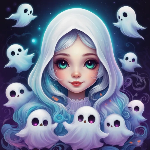 ghost girl,halloween ghosts,halloween illustration,halloween vector character,fantasy portrait,ghost background,ghosts,neon ghosts,halloween icons,the snow queen,boo,game illustration,ghost,moonbeam,spirits,mystical portrait of a girl,casper,halloween background,ghost catcher,witch's hat icon,Illustration,Abstract Fantasy,Abstract Fantasy 14