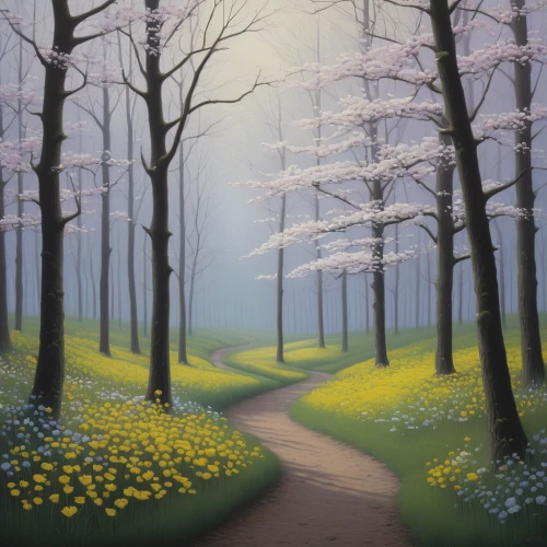 springtime background,forest path,forest landscape,pathway,fairy forest,forest glade,forest road,meadow in pastel,spring background,daffodil field,forest background,tree lined path,landscape background,spring morning,enchanted forest,deciduous forest,salt meadow landscape,background vector,tree grove,early spring,Art,Artistic Painting,Artistic Painting 48