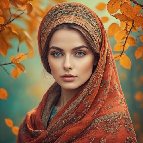 mystical portrait of a girl,vintage woman,autumn icon,romantic portrait,autumn theme,autumn jewels,autumn background,beautiful bonnet,autumn gold,islamic girl,vintage female portrait,golden autumn,young woman,headscarf,woman portrait,middle eastern monk,vintage girl,girl in cloth,warm colors,colors of autumn,Photography,Documentary Photography,Documentary Photography 32