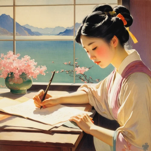 girl studying,japanese art,japanese woman,chinese art,ikebana,oriental painting,the cherry blossoms,to write,luo han guo,geisha,japanese culture,apricot blossom,meticulous painting,junshan yinzhen,dongfang meiren,cherry blossom japanese,plum blossom,japanese,painting technique,writing or drawing device,Illustration,Japanese style,Japanese Style 21