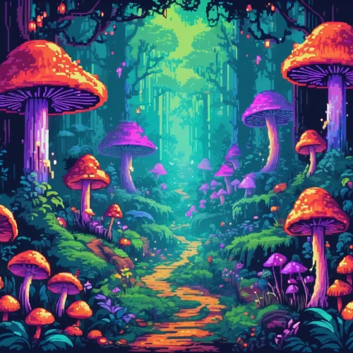 mushroom landscape,fairy forest,fairy village,mushroom island,cartoon forest,fairy world,enchanted forest,mushrooms,fairytale forest,forest mushrooms,forest of dreams,cartoon video game background,elven forest,forest mushroom,haunted forest,forest floor,toadstools,the forest,wonderland,psychedelic art,Unique,Pixel,Pixel 04