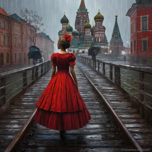 walking in the rain,the girl at the station,girl walking away,man in red dress,the red square,woman walking,red coat,red square,in the rain,petersburg,red rose in rain,red russian,promenade,moscow,girl in a historic way,russian traditions,kremlin,russia,lev lagorio,lady in red,Art,Classical Oil Painting,Classical Oil Painting 18