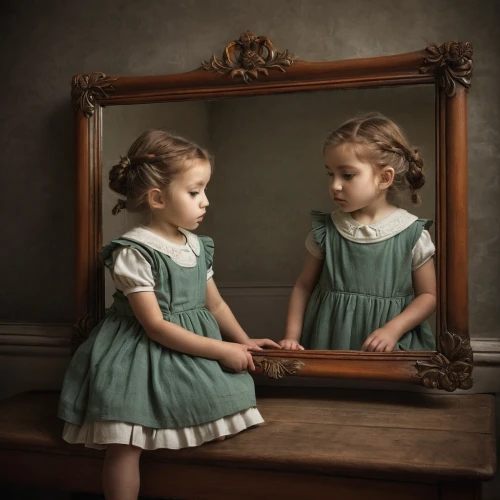 doll looking in mirror,mirror image,mirror reflection,the mirror,magic mirror,child portrait,self-reflection,mirrors,vintage boy and girl,in the mirror,little boy and girl,conceptual photography,little girl dresses,photographing children,mirror,makeup mirror,little girls,mystical portrait of a girl,mirrored,child's frame,Photography,Documentary Photography,Documentary Photography 13
