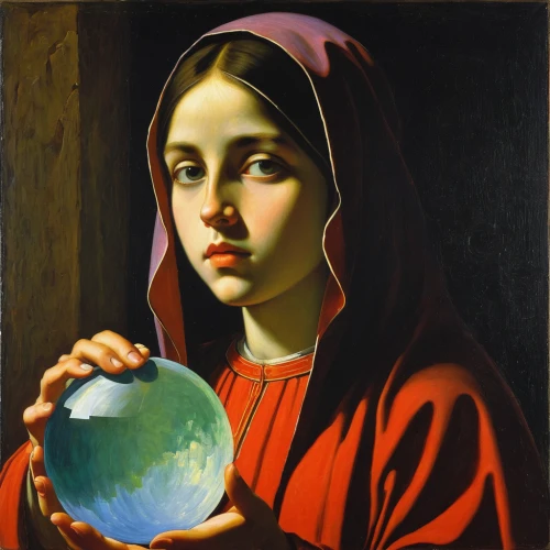 crystal ball,glass sphere,crystal ball-photography,girl with cereal bowl,ball fortune tellers,fortune teller,globes,glass painting,terrestrial globe,glass ball,globe,spherical image,painting easter egg,harmonia macrocosmica,geocentric,eucharistic,woman holding pie,seven sorrows,spherical,uranus,Art,Classical Oil Painting,Classical Oil Painting 30