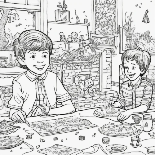 coloring pages kids,coloring page,coloring pages,kids illustration,coloring picture,line art children,children's christmas,children drawing,placemat,gnomes at table,book illustration,kids' things,vintage children,food and cooking,pizzeria,little boy and girl,coloring for adults,christmas scene,christmas food,holiday food,Illustration,Black and White,Black and White 17