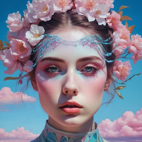 fantasy portrait,girl in flowers,sky rose,mystical portrait of a girl,girl in a wreath,flora,spring crown,surrealistic,fantasy art,flower fairy,beautiful girl with flowers,flower crown,kahila garland-lily,soft pastel,world digital painting,magnolia,flower girl,lilac blossom,portrait of a girl,girl portrait,Conceptual Art,Daily,Daily 15