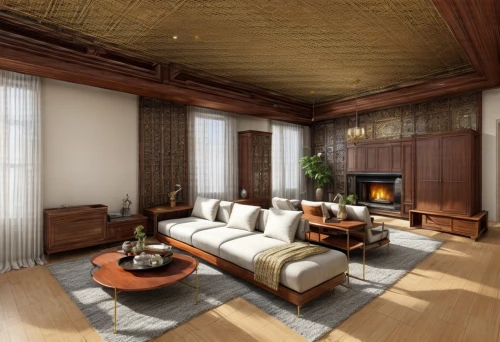 japanese-style room,billiard room,luxury home interior,sitting room,patterned wood decoration,living room,hardwood floors,livingroom,great room,danish room,3d rendering,wood flooring,ornate room,core renovation,family room,interior design,modern room,wooden beams,sleeping room,interior decoration,Interior Design,Living room,Classical,South America Elegance