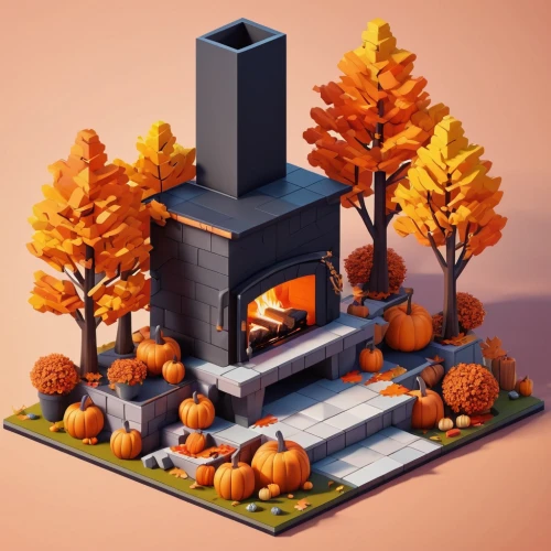 autumn camper,fall landscape,autumn icon,autumn theme,fireplace,chimney,autumn decor,autumn frame,3d render,fire place,autumn landscape,autumn background,autumn idyll,fairy chimney,low-poly,fireplaces,low poly,autumn cupcake,autumn decoration,autumn scenery,Unique,3D,Isometric