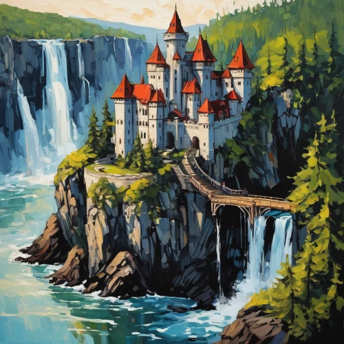 fairy tale castle,water castle,travel poster,falls of the cliff,fairytale castle,bastei,knight's castle,ice castle,castles,dracula castle,peter-pavel's fortress,frederic church,tower fall,fjords,transilvania,castel,many glacier hotel,castle,fairy tale,castle of the corvin,Conceptual Art,Oil color,Oil Color 08