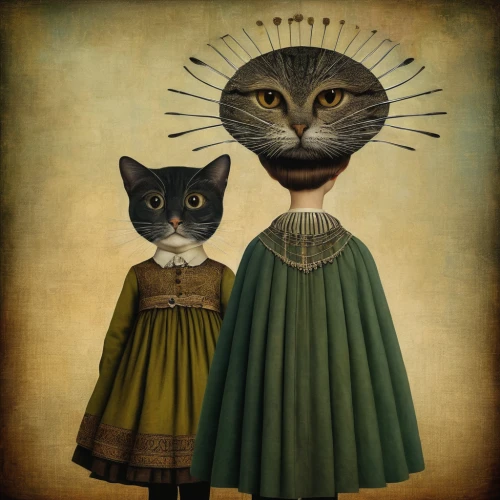 vintage cats,american gothic,gothic portrait,two cats,anthropomorphized animals,felines,vintage cat,folk art,whimsical animals,cat portrait,vintage art,surrealism,vintage boy and girl,cat and mouse,cat lovers,cat family,cat sparrow,cats,vintage man and woman,cat image,Illustration,Realistic Fantasy,Realistic Fantasy 35