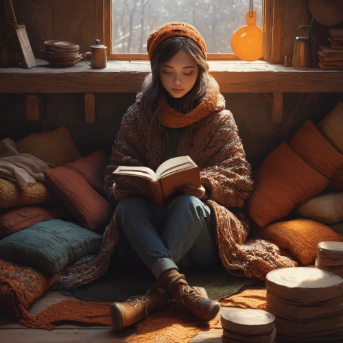 girl studying,little girl reading,bookworm,reading,child with a book,girl with bread-and-butter,relaxing reading,study,coffee and books,hygge,winter light,tea and books,readers,read a book,warm and cozy,warmth,reading owl,world digital painting,sci fiction illustration,scholar,Illustration,Realistic Fantasy,Realistic Fantasy 12
