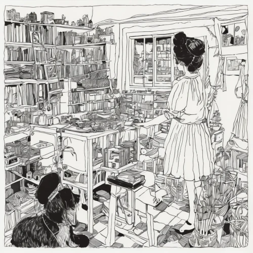 the little girl's room,bookshop,sewing room,the girl studies press,bell jar,bookstore,bookshelves,book store,room,book illustration,bookselling,woman shopping,books,pantry,shirakami-sanchi,tea and books,bookcase,housework,hand-drawn illustration,dollhouse,Illustration,Paper based,Paper Based 21