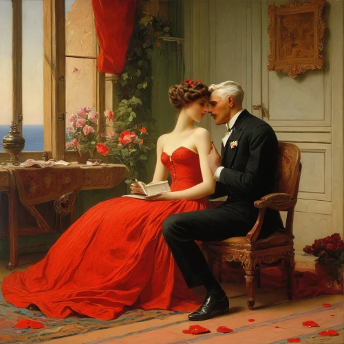 romantic scene,romantic portrait,courtship,french valentine,young couple,man in red dress,serenade,la violetta,asher durand,red carnation,red roses,saint valentine's day,with roses,emile vernon,bougereau,first kiss,holding flowers,lover's grief,st valentin,amorous,Art,Classical Oil Painting,Classical Oil Painting 42