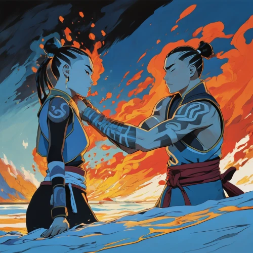 sōjutsu,confrontation,sakana,battōjutsu,fire dance,burning torch,iaijutsu,fist bump,sword fighting,dragon slayer,kenjutsu,martial arts,dispute,swordsmen,dancing flames,conflict,fire and water,game illustration,jujutsu,battle,Conceptual Art,Oil color,Oil Color 24