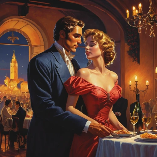 romantic dinner,romance novel,romantic night,romantic portrait,golden candlestick,courtship,romantic scene,maraschino,vintage man and woman,honeymoon,absinthe,dinner for two,clue and white,date night,man in red dress,romance,valentine day's pin up,man and wife,young couple,gentlemanly,Illustration,Retro,Retro 14