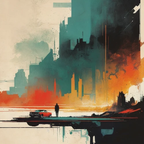 transistor,cityscape,palette,harbor,color palette,background abstract,wanderer,abstract silhouette,mist,spire,city scape,atmosphere,the pollution,watercolor paint strokes,abstract painting,painterly,world digital painting,expanse,colorful city,pollution,Illustration,Paper based,Paper Based 12