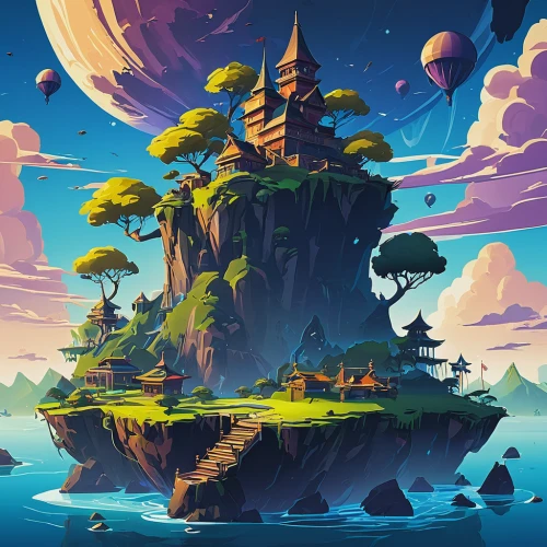 mushroom island,fantasy landscape,an island far away landscape,floating islands,mushroom landscape,floating island,islands,3d fantasy,flying island,monkey island,islet,bird kingdom,island,fantasy world,mountain world,the island,treehouse,island suspended,futuristic landscape,earth rise,Illustration,American Style,American Style 09