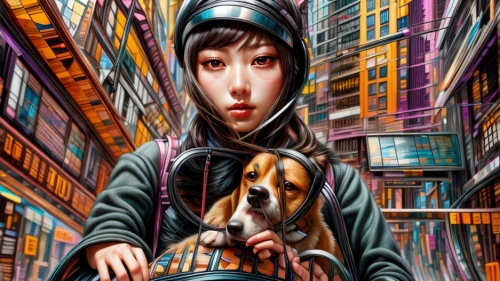 girl with dog,boy and dog,world digital painting,street dog,sci fiction illustration,laika,shirakami-sanchi,cyberpunk,dog street,japanese woman,parallel world,japanese art,human and animal,anime 3d,stray dog,shiba,stray dogs,digiart,street dogs,dog illustration