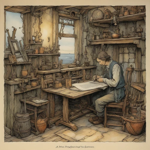 kate greenaway,candlemaker,apothecary,clockmaker,book illustration,tinsmith,watchmaker,writing desk,woodworker,hand-drawn illustration,potter's wheel,hans christian andersen,writing-book,writing or drawing device,sewing room,girl studying,watercolor tea shop,girl in the kitchen,arthur rackham,a carpenter,Illustration,Paper based,Paper Based 29