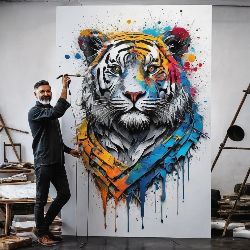 a tiger,tiger,asian tiger,painting technique,street artist,lion white,white tiger,blue tiger,tiger head,tigers,big cats,art painting,big cat,lion,italian painter,tiger png,siberian tiger,two lion,meticulous painting,artist,Conceptual Art,Graffiti Art,Graffiti Art 02