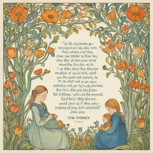 kate greenaway,children's fairy tale,a fairy tale,orange blossom,fairy tales,to our lady,candlemas,the garden marigold,the cradle,jessamine,fairy tale,way of the roses,orange roses,secret garden of venus,fairytales,ancient rhyme,picking flowers,the annunciation,little girl and mother,greeting card,Illustration,Retro,Retro 23