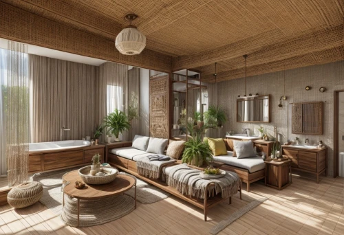 loft,modern room,wooden beams,wooden windows,wooden floor,livingroom,living room,bamboo curtain,great room,luxury home interior,penthouse apartment,japanese-style room,wooden planks,3d rendering,wooden sauna,interior modern design,home interior,sleeping room,rustic,interior design,Interior Design,Living room,Bohemia,Cuba Boho