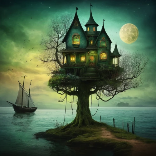 tree house,witch's house,witch house,fantasy picture,treehouse,fairy house,fantasy art,tree house hotel,house silhouette,fantasy landscape,the haunted house,dreamland,lonely house,dream world,ghost castle,haunted house,children's fairy tale,haunted castle,magic tree,moonlit night,Illustration,Abstract Fantasy,Abstract Fantasy 01