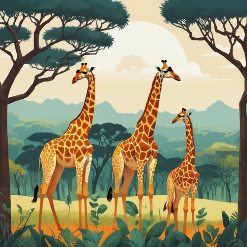 giraffes,two giraffes,giraffidae,serengeti,forest animals,giraffe,safari,tropical animals,whimsical animals,africa,safaris,tsavo,animal silhouettes,savanna,fauna,animal world,mammals,anthropomorphized animals,exotic animals,scandia animals,Illustration,Vector,Vector 08