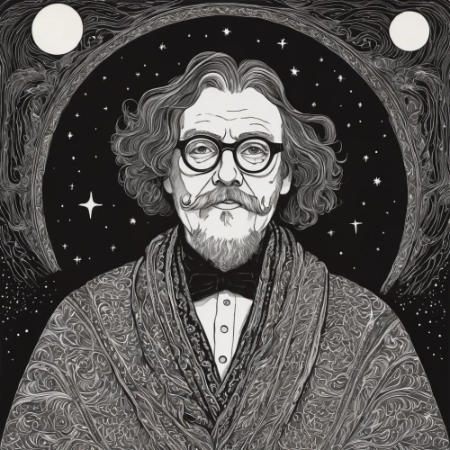 astronomer,anton chekhov,self-portrait,persian poet,ervin hervé-lóránth,albus,the wizard,lokportrait,ulysses,archimedes,theoretician physician,pollux,book illustration,king lear,vincent van gough,hand-drawn illustration,physicist,digital illustration,professor,copernican world system,Illustration,Black and White,Black and White 20