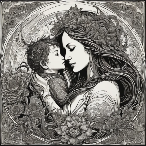 capricorn mother and child,mother with child,mother and child,little girl and mother,mother kiss,motherhood,mother earth,mother-to-child,mother and infant,mother,mother's,mucha,in the mother's plumage,mother and baby,star mother,baby with mom,happy mother's day,david-lily,mother with children,the cradle,Illustration,Black and White,Black and White 01