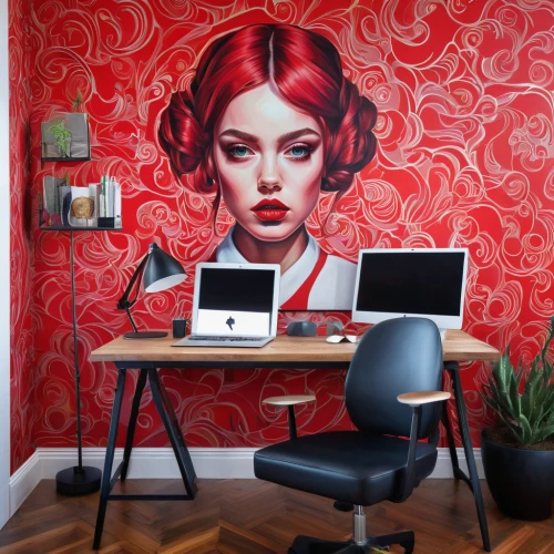 creative office,red wall,red chevron pattern,modern decor,wall decoration,wall sticker,contemporary decor,blur office background,graphic design studio,working space,modern office,home office,work space,writing desk,wall paint,painted wall,flower wall en,consulting room,interior design,wall art,Conceptual Art,Daily,Daily 15