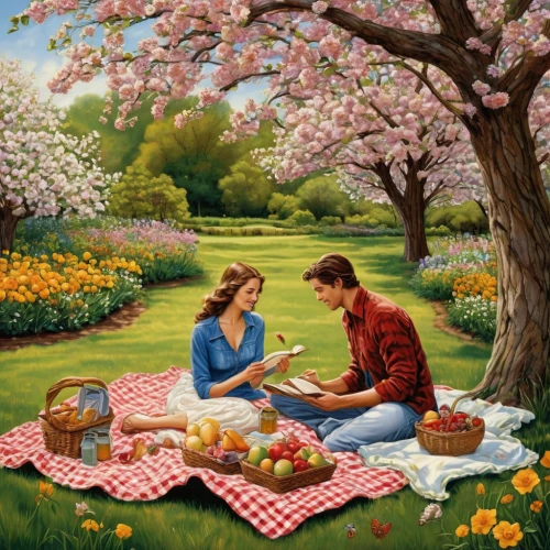 picnic,romantic scene,picnic basket,young couple,woman holding pie,picnic table,as a couple,girl and boy outdoor,flower painting,art painting,red tablecloth,cherry trees,idyll,greetting card,tablecloth,apple orchard,autumn idyll,greeting cards,placemat,picking flowers,Illustration,American Style,American Style 04