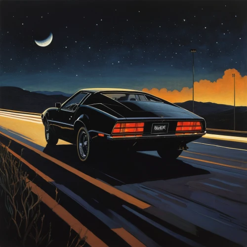 night highway,delorean dmc-12,countach,oldsmobile toronado,lamborghini countach,muscle car cartoon,pontiac grand prix,night scene,cadillac eldorado,t bird,ferrari daytona,testarossa,alligator alley,buick riviera,iso grifo,pontiac firebird,lamborghini jalpa,ford mustang mach 1,moon car,lamborghini espada,Conceptual Art,Sci-Fi,Sci-Fi 17