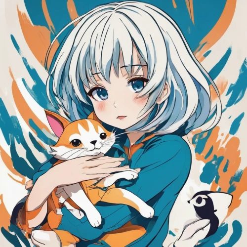 piko,kitsune,rei ayanami,toori,child fox,white cat,ganai,cat child,inari,cyan,aqua,whitey,little fox,killua,fuki,ori-pei,uruburu,nori,snowball,hokkaido,Conceptual Art,Oil color,Oil Color 24