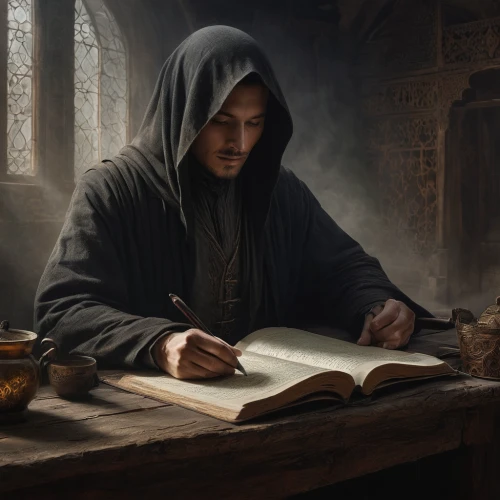 scholar,the abbot of olib,biblical narrative characters,hooded man,prayer book,magic book,parchment,writing-book,divination,spell,apothecary,sci fiction illustration,cloak,the local administration of mastery,tutor,art bard,meticulous painting,fantasy portrait,candlemaker,binding contract,Conceptual Art,Daily,Daily 11
