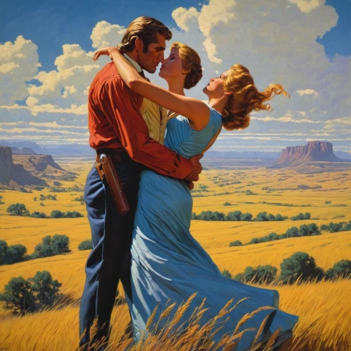 shepherd romance,country-western dance,vintage man and woman,land love,gone with the wind,argentinian tango,vintage art,prairie,romantic scene,romantic portrait,tango argentino,vintage boy and girl,romance novel,young couple,southwestern,square dance,courtship,amarillo,the country,idyll,Illustration,Retro,Retro 14