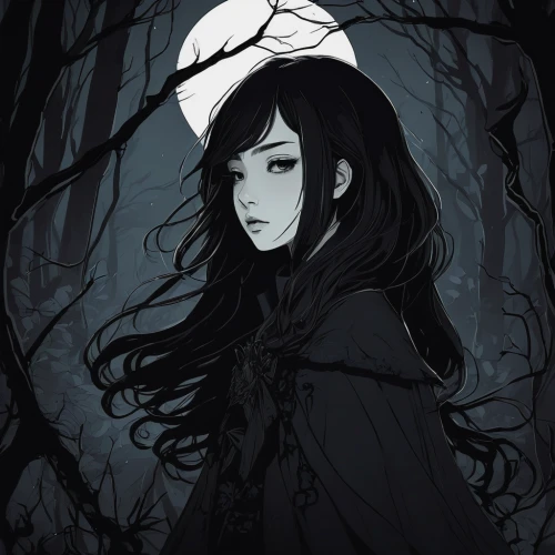 moonlit,forest dark,moonlit night,vampire lady,witch house,crow queen,vampire woman,gothic woman,haunted forest,psychic vampire,the witch,black crow,witch,full moon,ghost girl,sleepwalker,dark gothic mood,dark art,moonlight,mystical portrait of a girl,Illustration,Black and White,Black and White 02