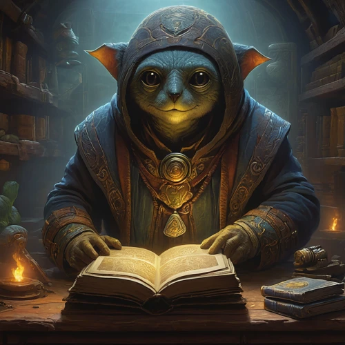 scholar,reading owl,magic book,librarian,yoda,magic grimoire,child with a book,rotglühender poker,bookworm,art bard,tutor,writing-book,cg artwork,fortune teller,sci fiction illustration,the collector,open book,magistrate,storytelling,book einmerker,Illustration,Realistic Fantasy,Realistic Fantasy 18