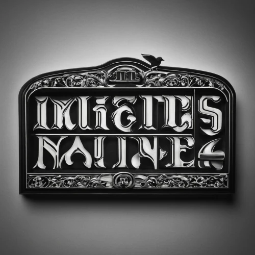 mantle,enamel sign,logotype,nameplate,decorative letters,hand lettering,lettering,logo header,antique furniture,art nouveau frame,theatre marquee,ondes martenot,main line,antique background,wooden signboard,wall plate,the logo,bookplate,belt buckle,frame border illustration,Photography,Black and white photography,Black and White Photography 11