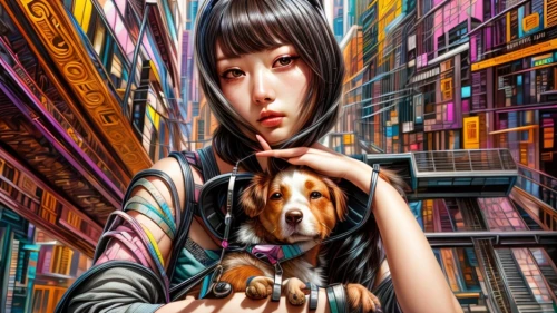 girl with dog,sci fiction illustration,laika,dog street,dog illustration,amano,cyberpunk,world digital painting,street dog,anime 3d,boy and dog,shirakami-sanchi,game illustration,color dogs,stray dogs,female dog,oriental girl,shiba,pet,dog cafe